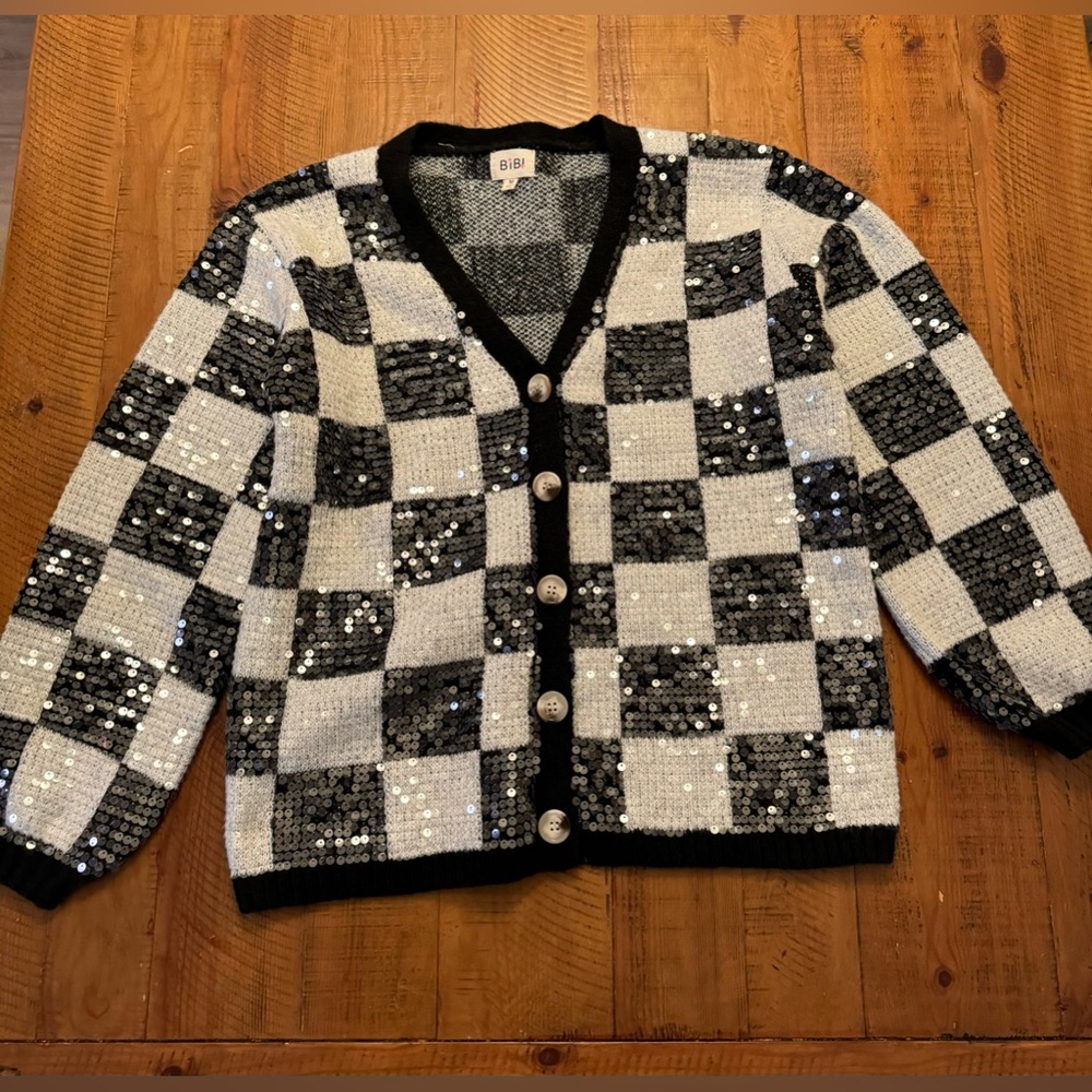 BiBi Black and White Checkered Sequin Cardigan
